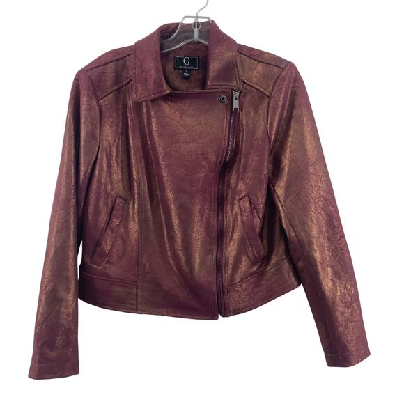 G by Giuliana Red Metallic Faux Leather Motorcycle Jacket Women's Preowned - Picture 1 of 5